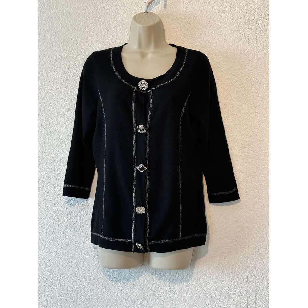 Michael Simon Womens Size Medium Black Knit Cardigan Jeweled Buttons Event Party